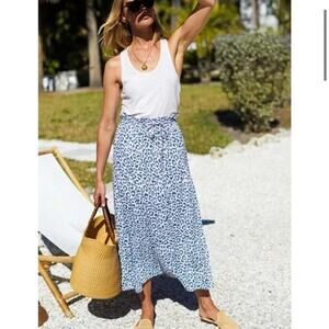 Emerson Fry Pull On High Waisted Drawstring Midi Skirt Leopard Blue XS